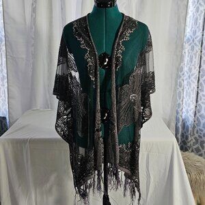 David & Young Black Lace Fringe Shawl – One Size